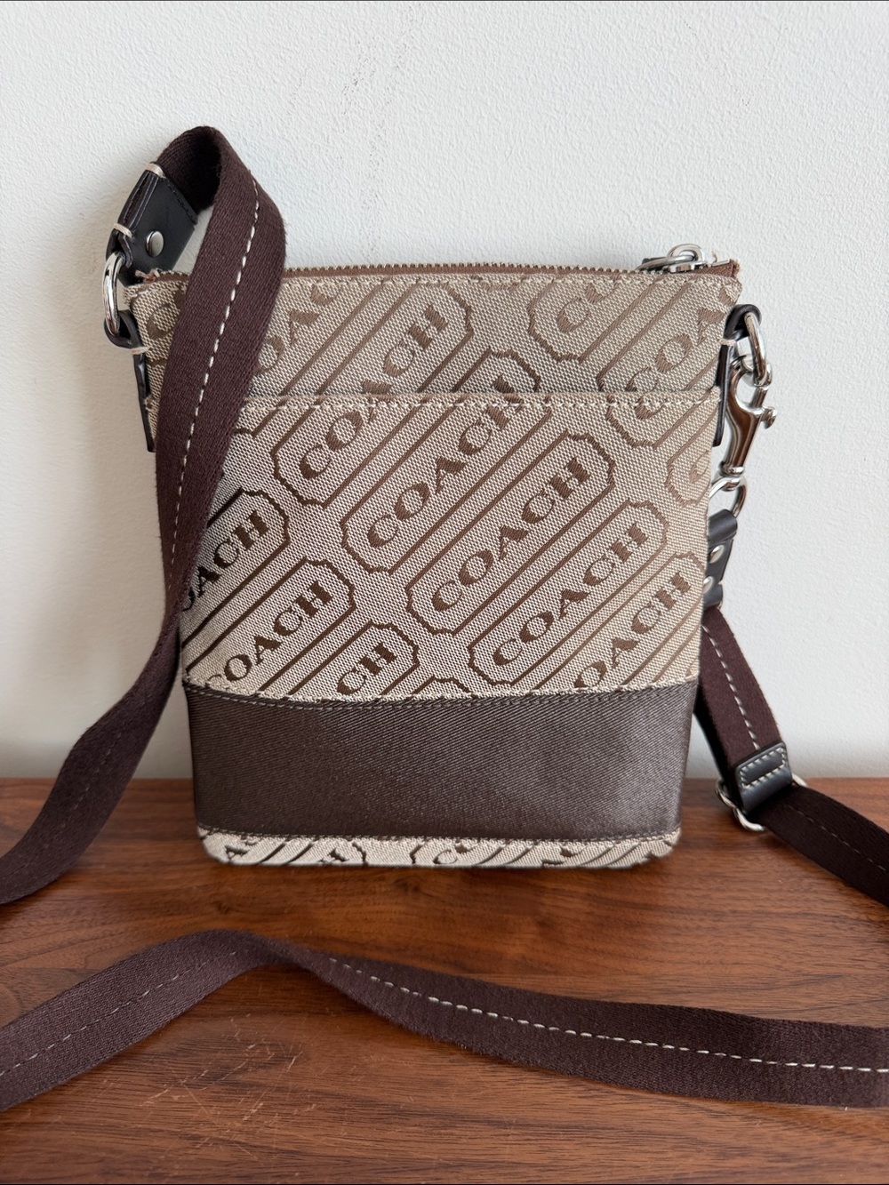 Coach Word Signature Stripe Vintage Crossbody Bag in Tan & Brown